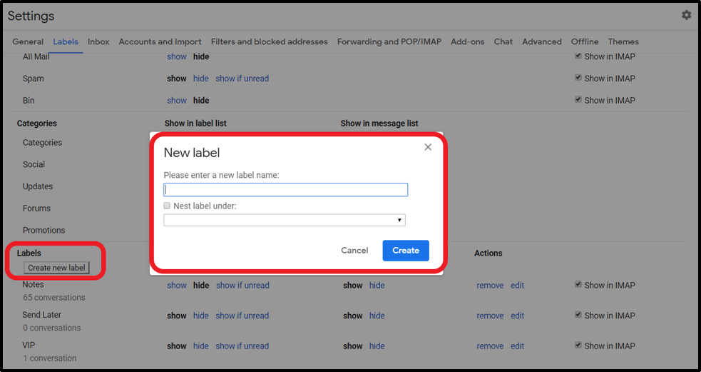 Create a label store in gmail