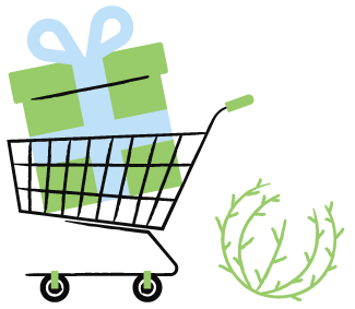 A shopping cart carrying a large green present with a blue bow.